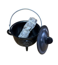 Load image into Gallery viewer, Pentagram Cast-Iron Black Cauldron 4.5"H x 4.5"D LARGE
